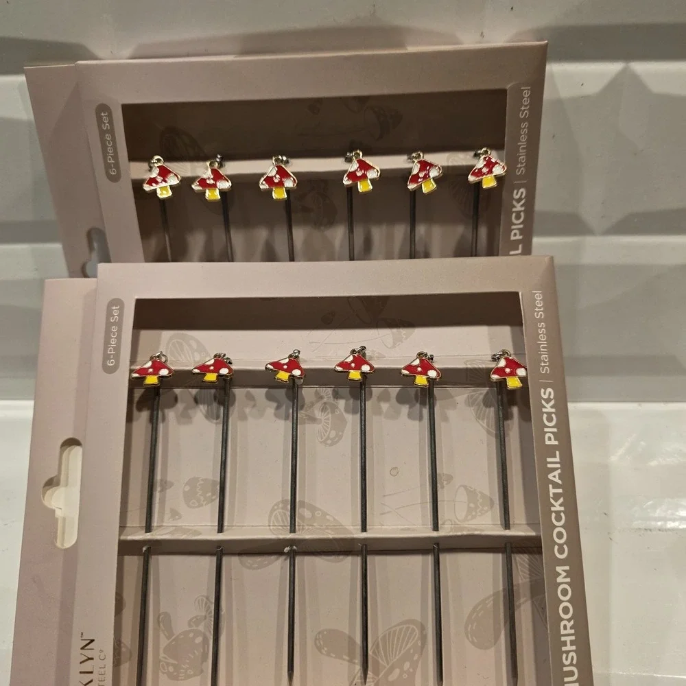 2 BKLYN Steel Co Cocktail Picks Set of 6 Mushrooms Martinis Appetizers Stainless